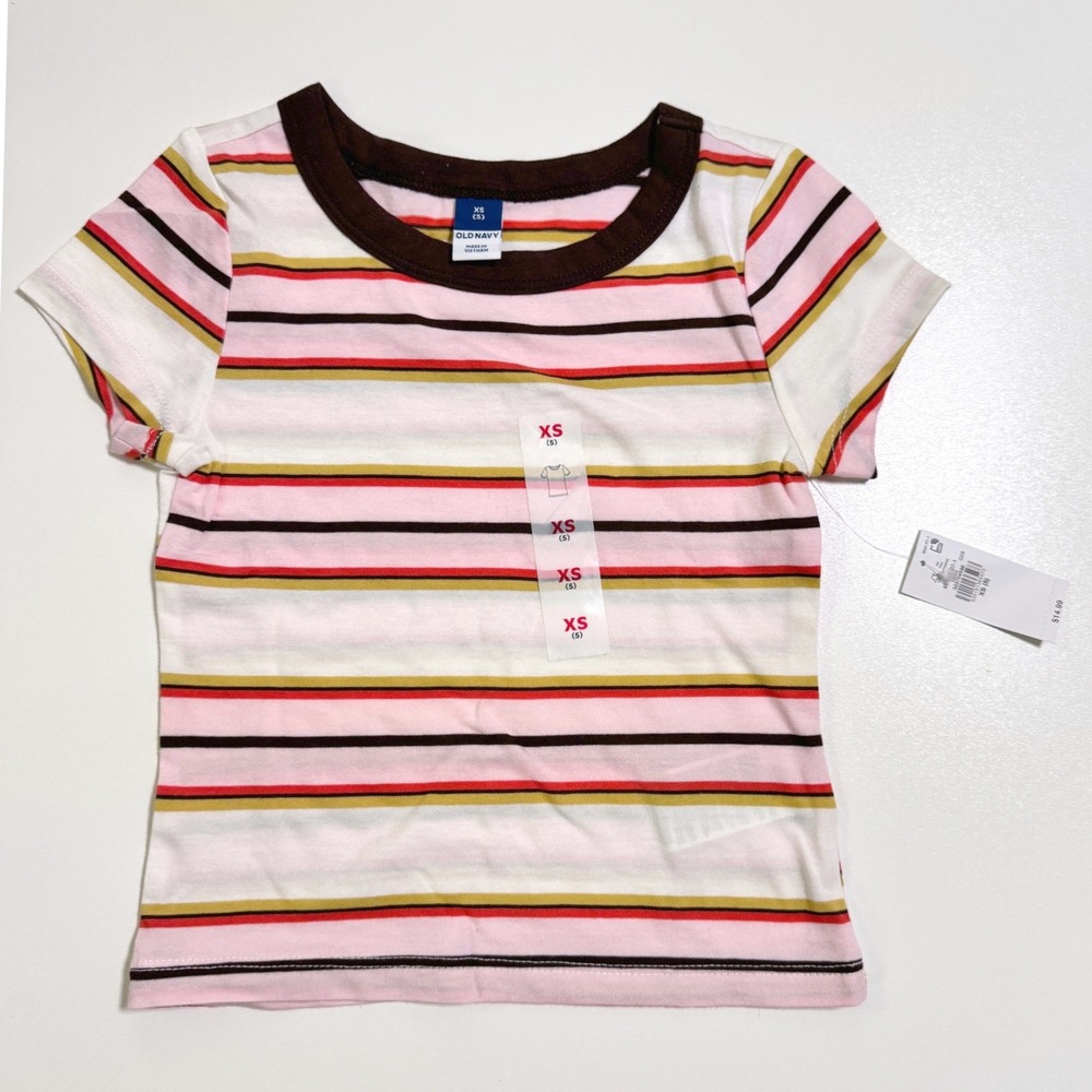 NWT Old Navy T-Shirt Size XS (5) Pink Multi Striped Ringer Neck Short Sleeve Top